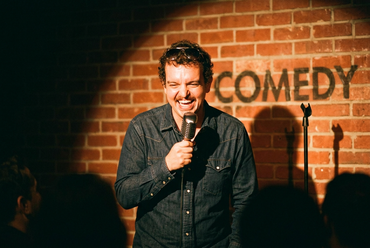 Rick Tillman performing stand-up under a spotlight at a Texas comedy club