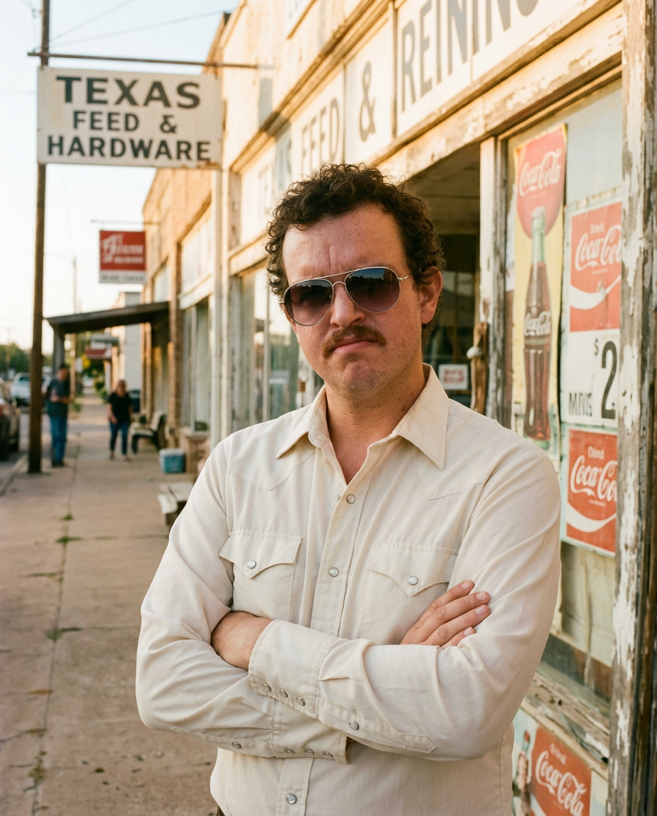 Portrait of comedian Rick Tillman outside a small-town Texas storefront